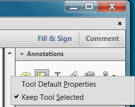 Screenshot of Adobe Reader keep tool selected dialog