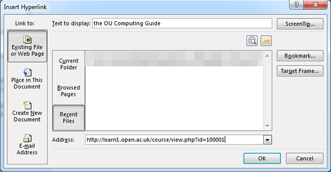 Screenshot of Word 2013 hyperlink dialog box