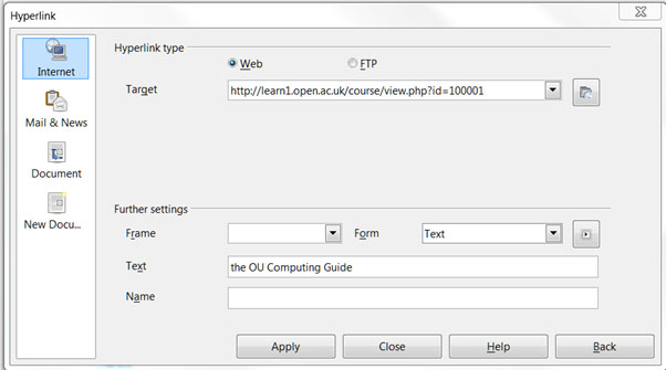 Screenshot of LibreOffice hyperlink dialog box