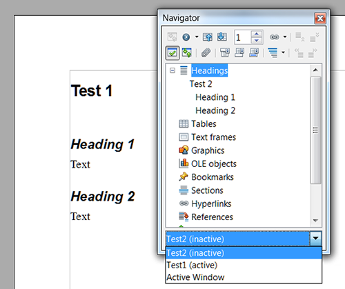 Screenshot of LibreOffice Navigator dialog showing how to link to another open document